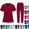 thumbnail image 1 of Scrubs for Women Women's Medical Scrub Sets V-Neck Short Sleeve Nursing Tops & Cargo Pants Uniforms Set with Pockets Wine,XL, 1 of 6