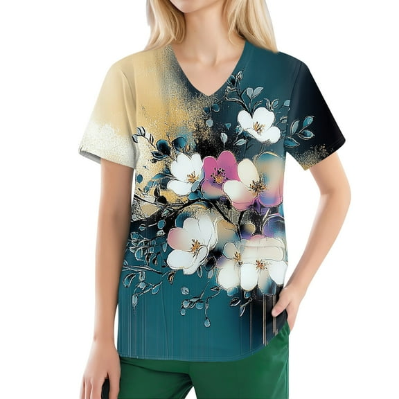 Scrubs for Women,Women's V-Neck Scrub Tops Short Sleeve with Pockets - Floral Printed Nurse Medical Work Uniform Blouse - Turquoise - L