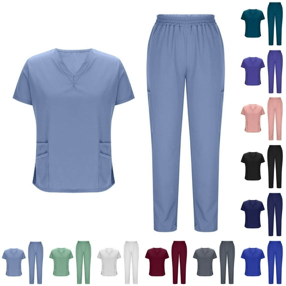 Scrubs for Women with Pockets Short Sleeve V-Neck Solid Color Loose 2PCS Nursing Uniform Set with Drawstring Pants Caregiver Blouses