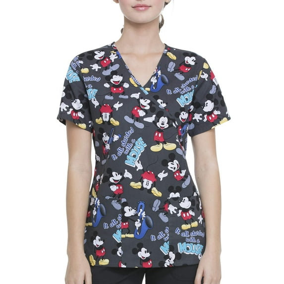 Scrubstar Disney's Mickey "Started With A Mouse" Women's Mock Wrap Printed Scrub Top
