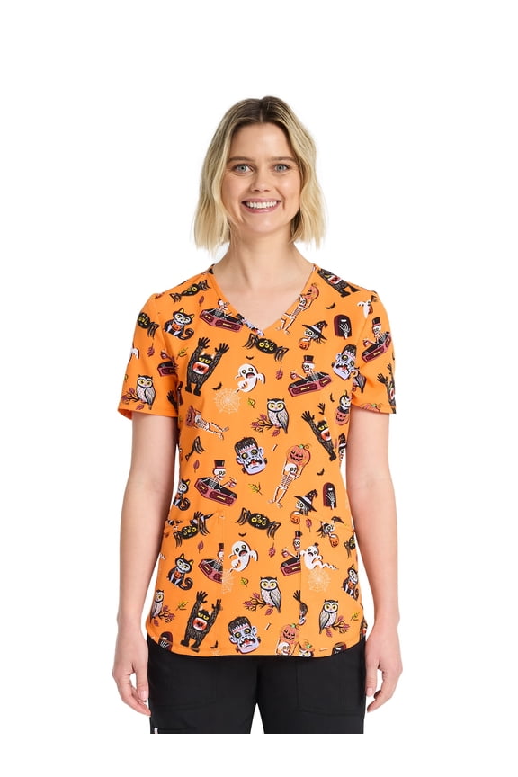 Fright Friends Women's V-Neck Print Scrub Top, Sizes XS-3XL