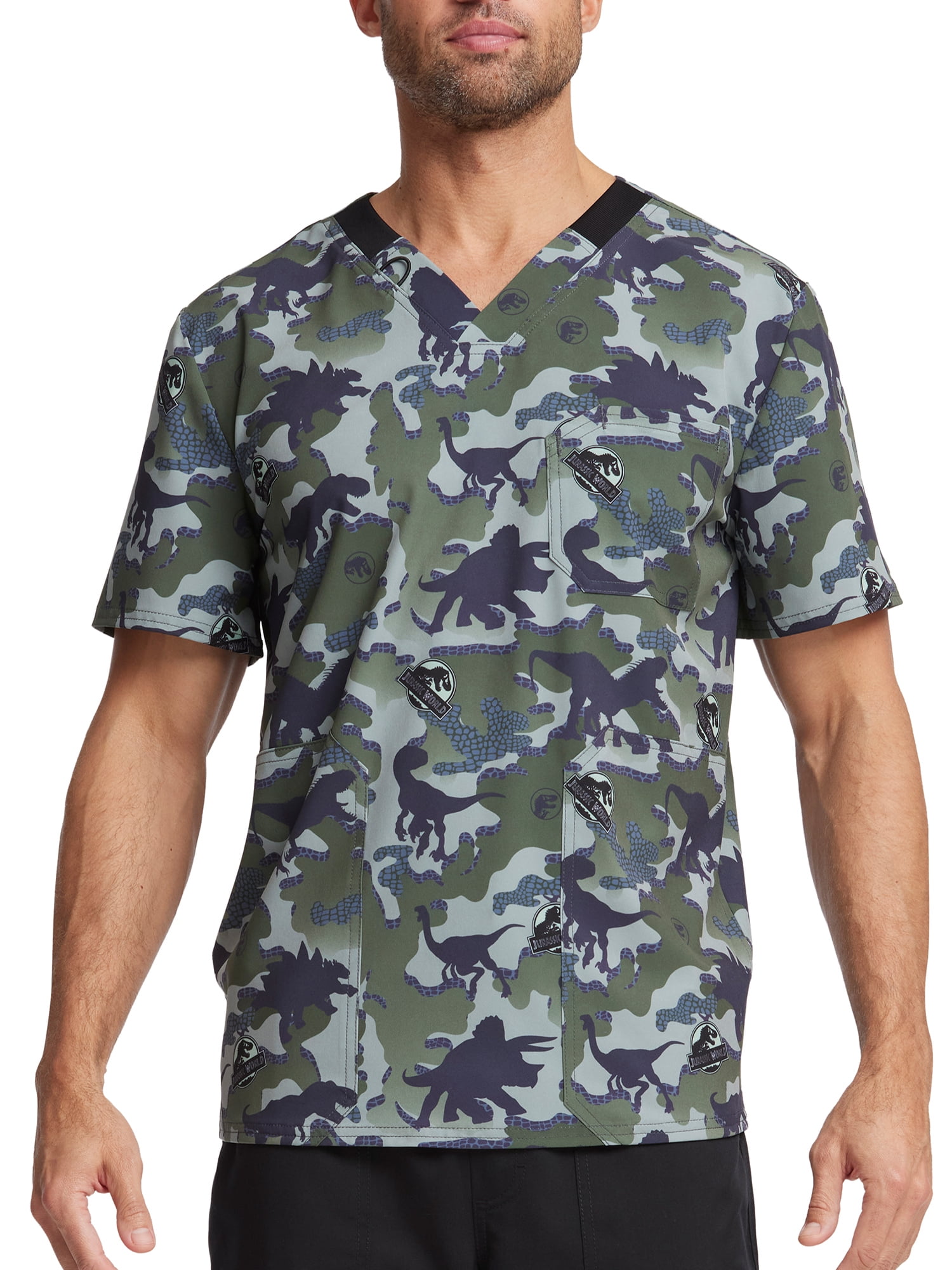 Scrubstar Men's Sport Jurassic World "Skin Camo" VNeck Print Scrub Top