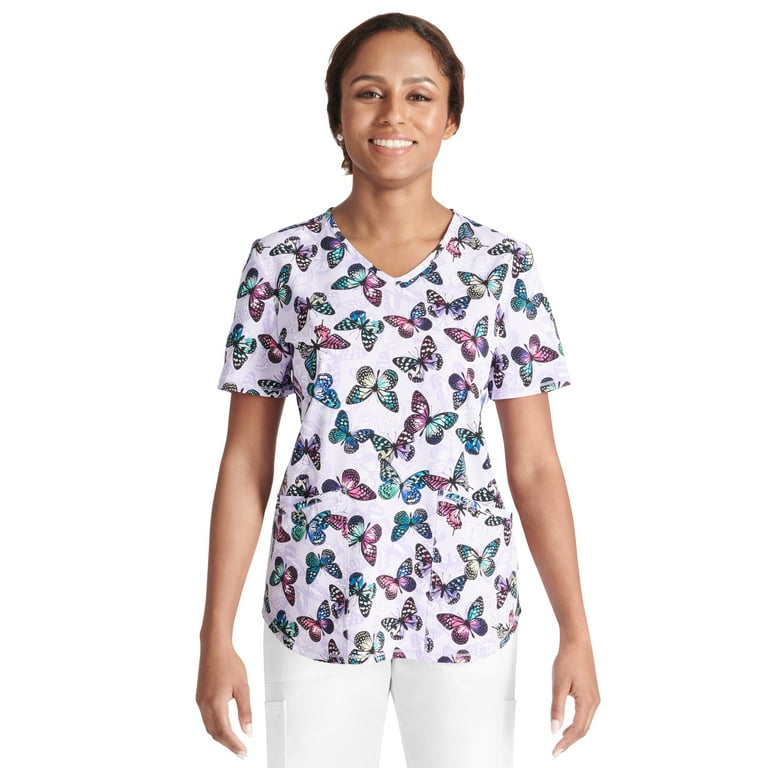 Colorful Butterfly Pattern Scrub Tops for Ladies