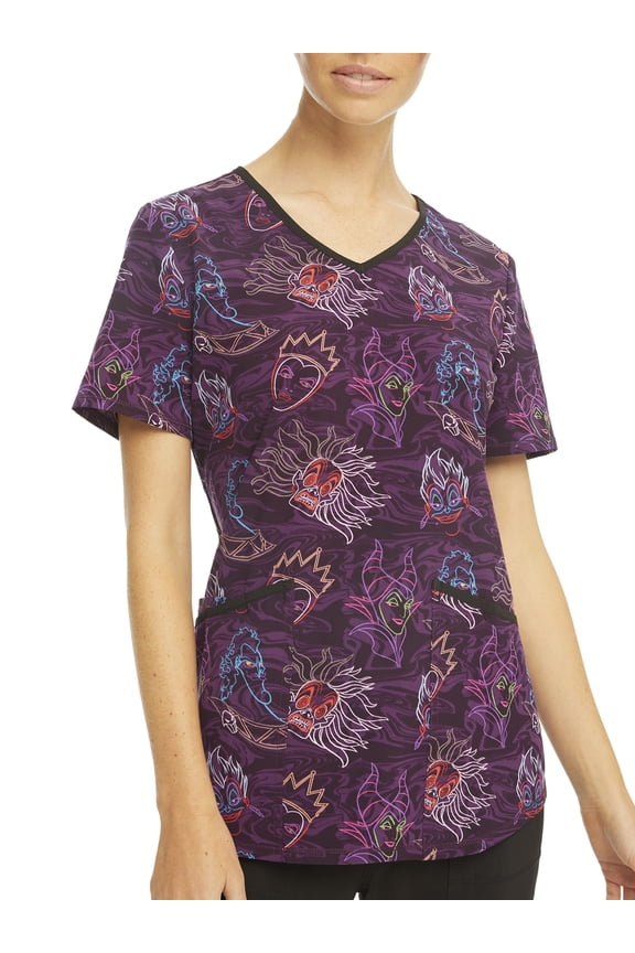 Women's Disney Villians "Villians Glow" V-Neck Print Scrub Top