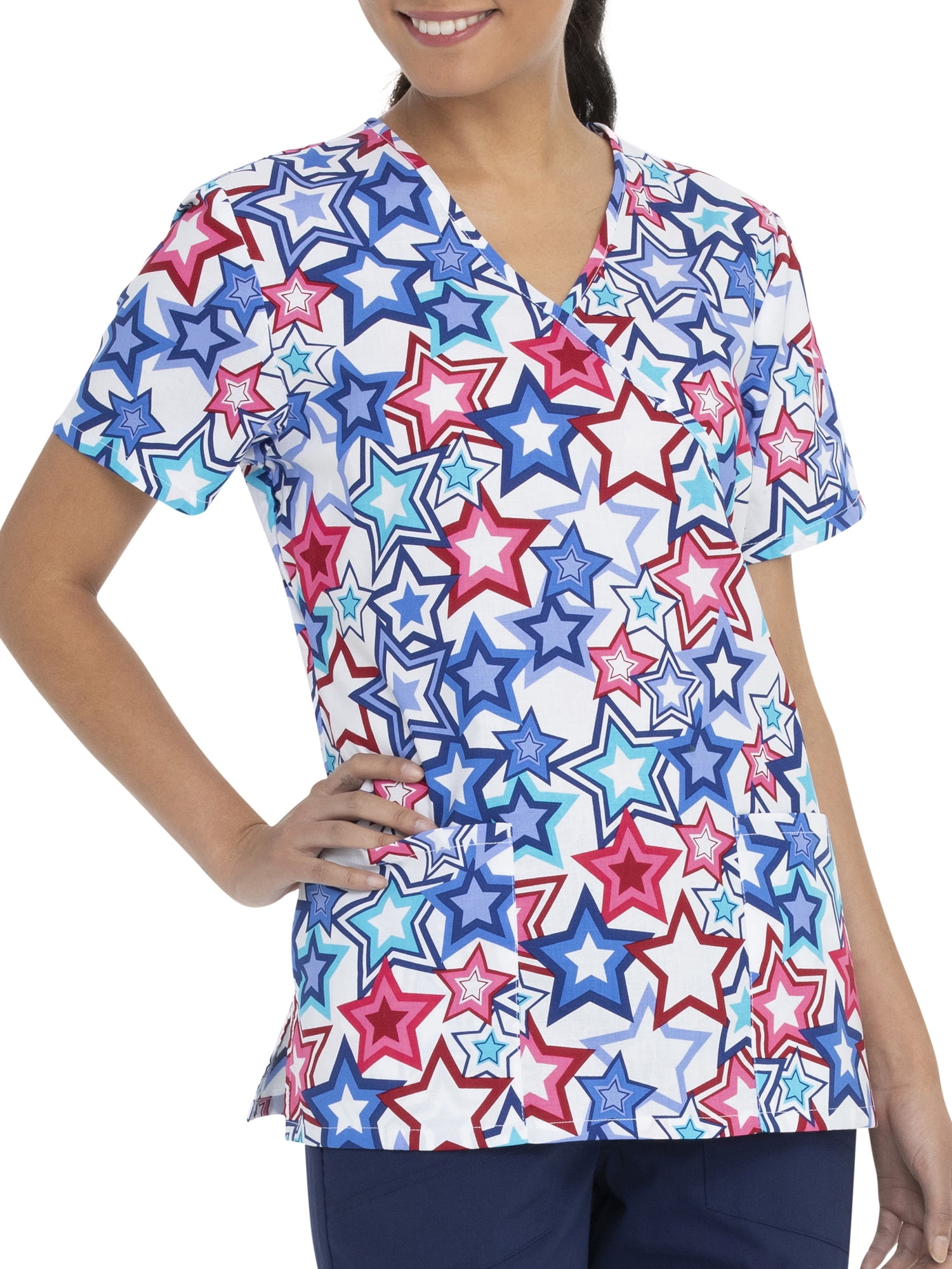 Scrubstar Women's Fashion Collection "Starry Stripes" Mock Wrap Printed