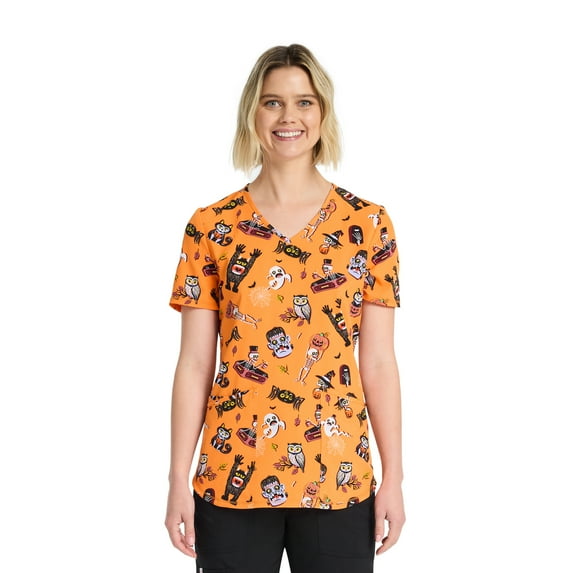 Scrubstar Fright Friends Women's V-Neck Print Scrub Top, Sizes XS-3XL