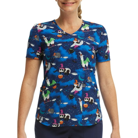 Scrubstar Women's Halloween Creatures V-Neck Print Scrub Top