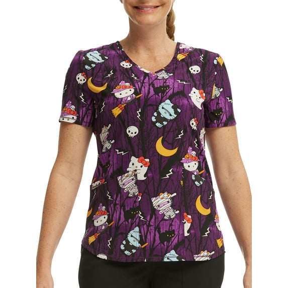 Scrubstar Women's Sanrio Hello Kitty Night Forest V-Neck Print Scrub Top WM32T745LB