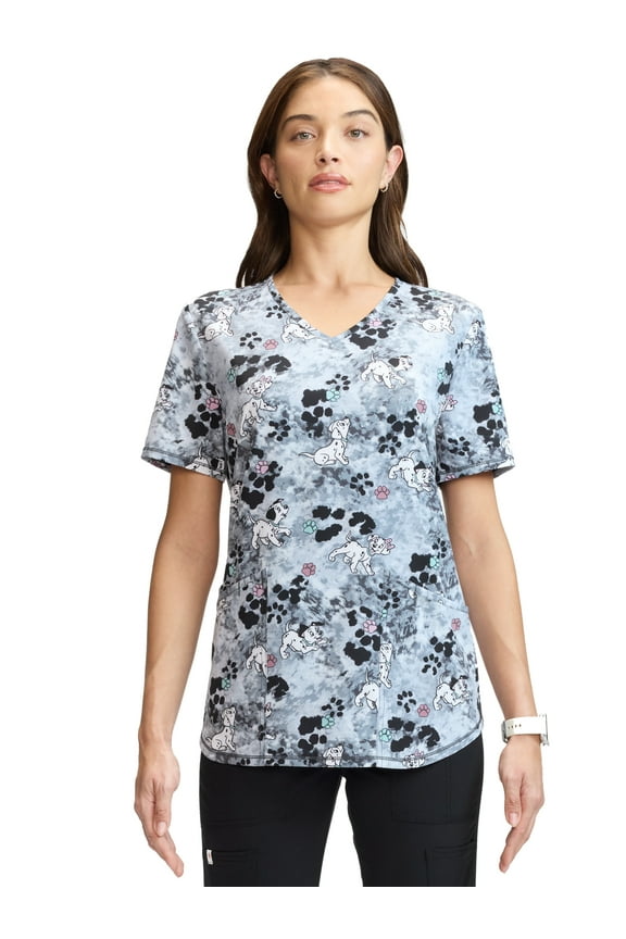 Women's and Women’s Plus 101 Dalmatians Print V-Neck Scrub Top, Sizes S-3XL