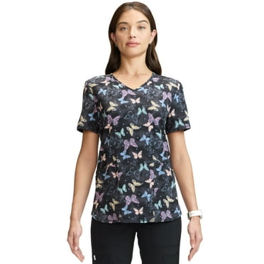 Scrubstar Women's and Women’s Plus Butterfly Print V-Neck Scrub Top, Sizes S-3XL