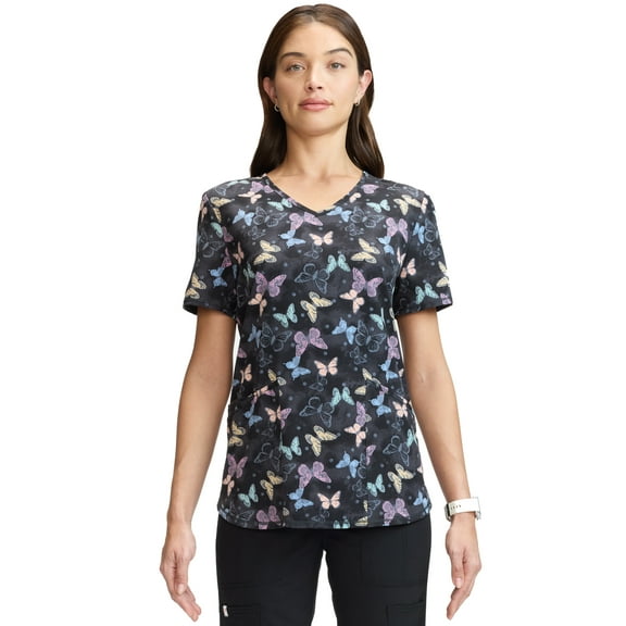 Scrubstar Women's and Women’s Plus Butterfly Print V-Neck Scrub Top, Sizes S-3XL
