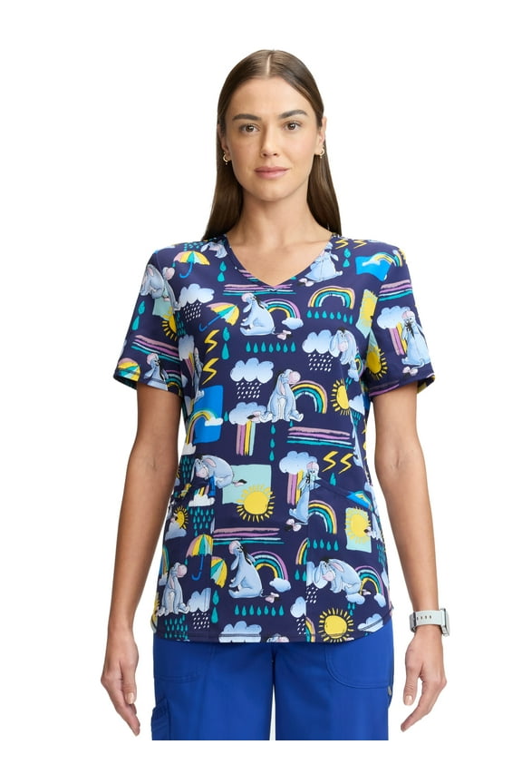 Women's and Women’s Plus Eeyore Print V-Neck Scrub Top, Sizes S-3XL