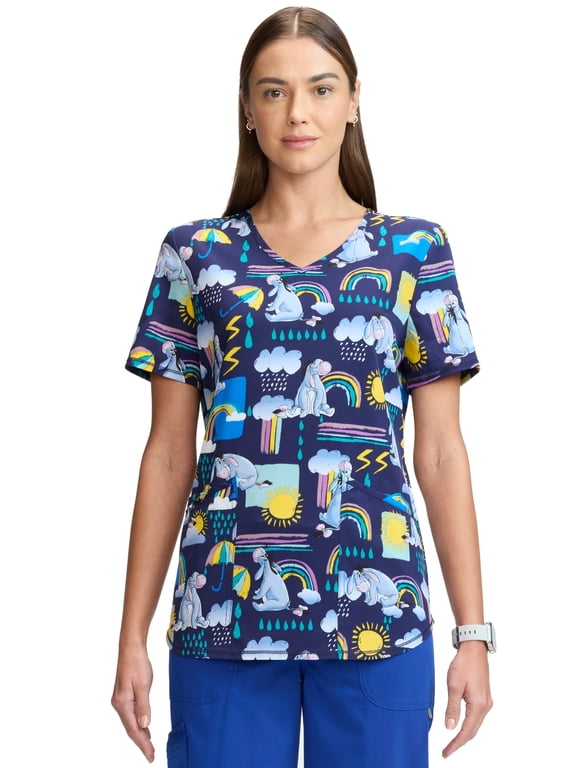 Women's and Women’s Plus Eeyore Print V-Neck Scrub Top, Sizes S-3XL