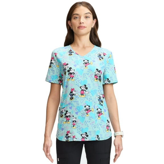 Scrubstar Women's and Women’s Plus Mickey and Minnie Print V-Neck Scrub Top, Sizes S-3XL