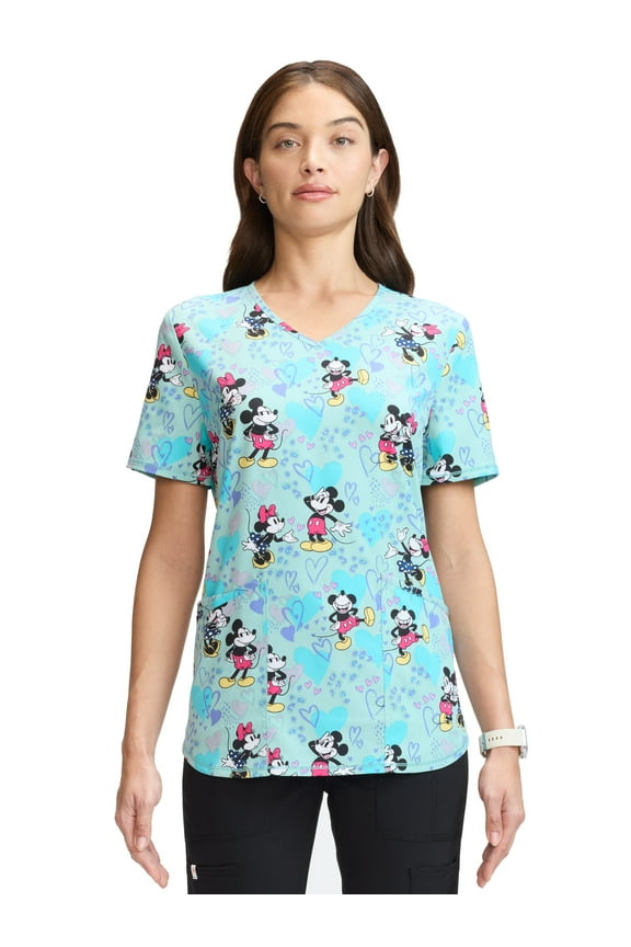 Women's and Women’s Plus Mickey and Minnie Print V-Neck Scrub Top, Sizes S-3XL
