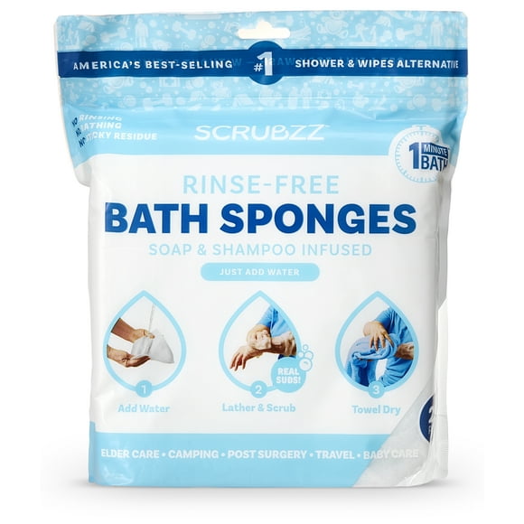 Scrubzz Disposable Rinse Free Bathing Wipes - 25 Pack - All-in-1 Single Use Shower Wipes, Simply Dampen, Lather, and Dry Without Shampoo or Rinsing