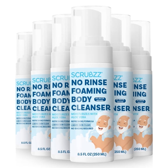 Scrubzz No Rinse Body Wash for Elderly, Rinse Free Cleansing Foam, Waterless Foaming Cleanser for Men and Women, Great for Camping, Gym and Post Workout, Hospital Stays and Post Surgery - 6 Pack
