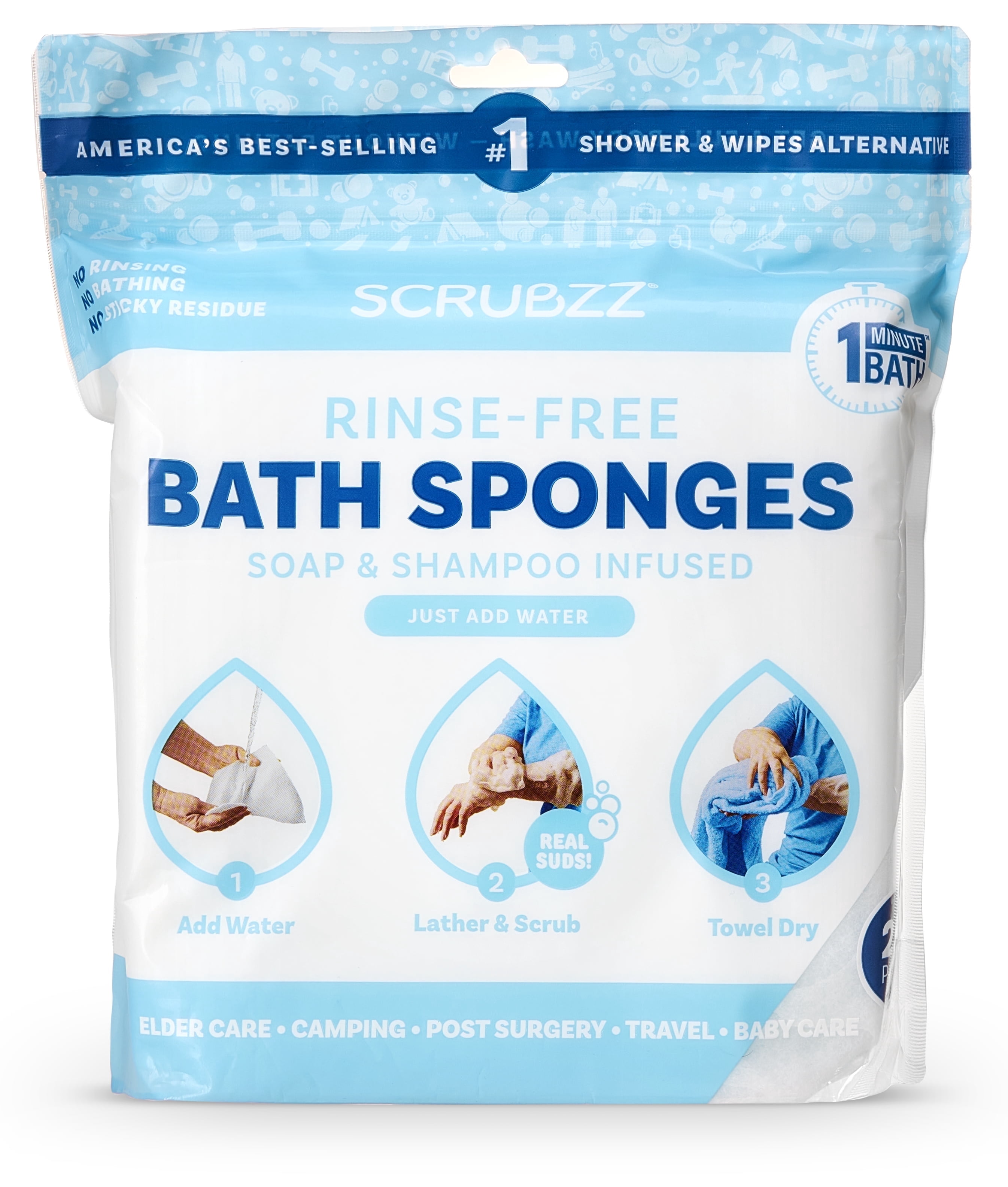 Scrubzz Rinse Free Bath Sponge, No Rinse Bath Wipes - 25 Count - 1 Pack -  Walmart.com