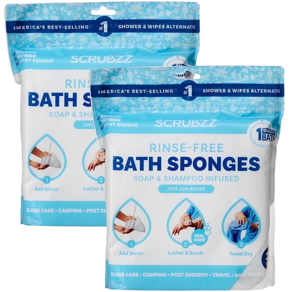 Scrubzz Rinse Free Bath Sponge, No Rinse Bath Wipes - 50 Count - 2 Pack