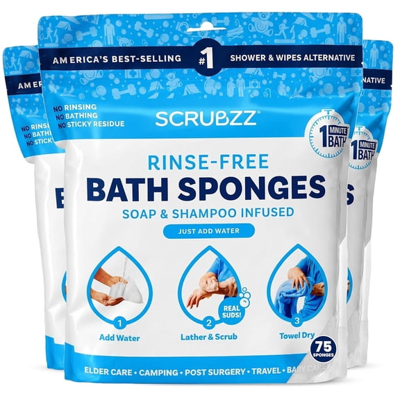 Scrubzz Rinse Free Bath Sponge, No Rinse Bath Wipes - 75 Count - 3 Pack