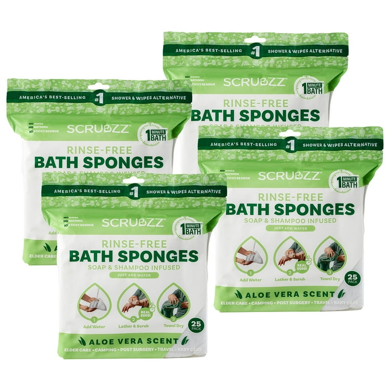 Scrubzz Rinse Free Bath Sponge, No Rinse Bath Wipes, Aloe Vera
