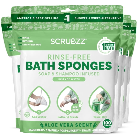 Scrubzz Rinse Free Bath Sponge, No Rinse Bath Wipes, Aloe Vera - 100 Count - 4 Pack