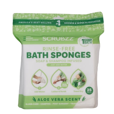 Scrubzz Rinse-Free Bath Sponges with Aloe Vera - 25 Count