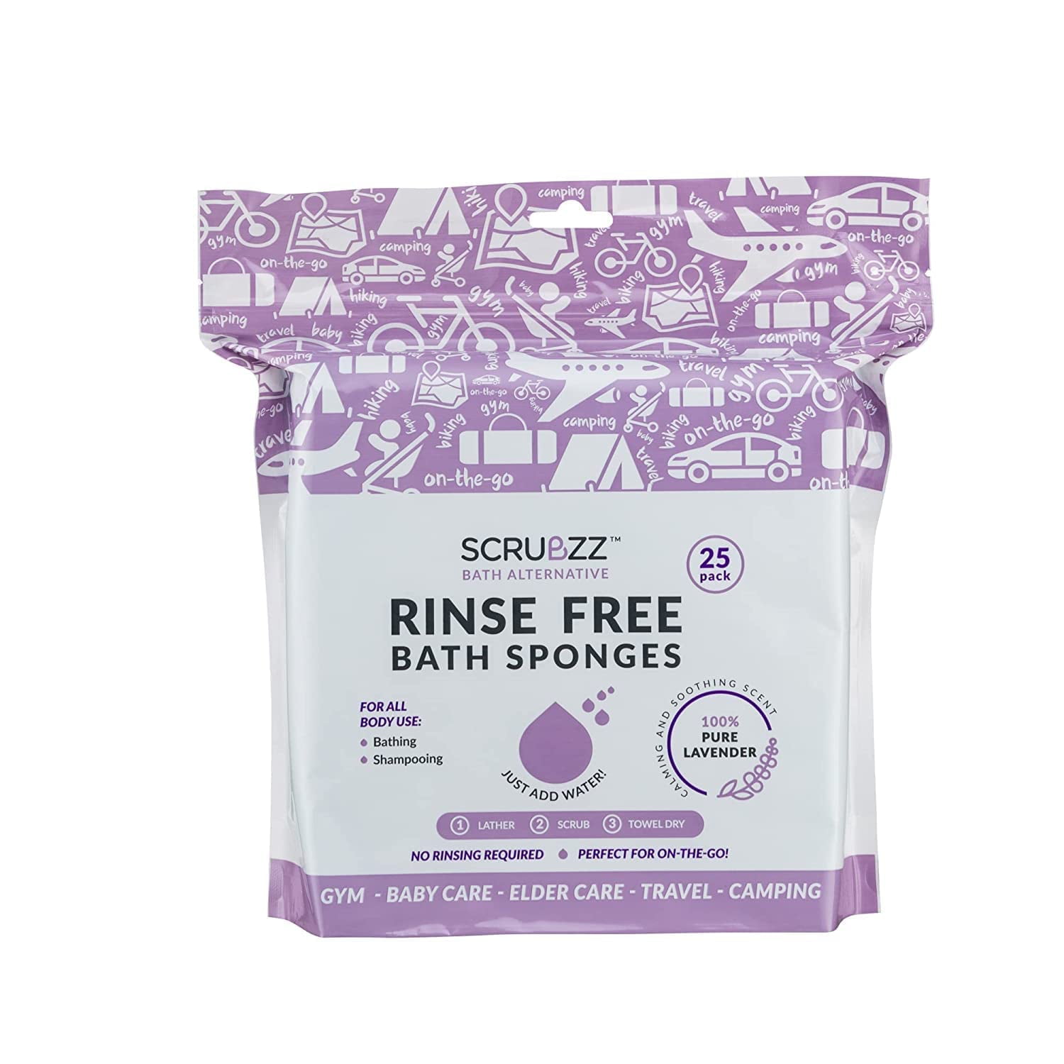 Scrubzz Rinse Free Bath Sponge, No Rinse Bath Wipes, Lavender Scented