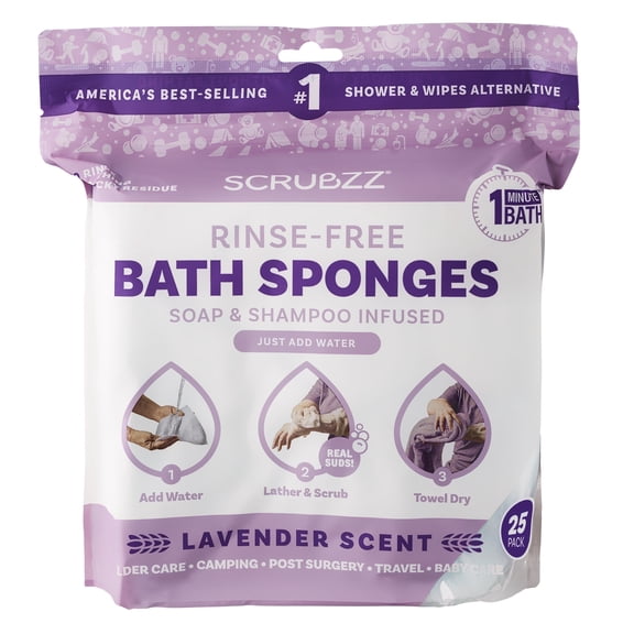 Scrubzz Rinse Free Bath Sponge, No Rinse Bath Wipes, Lavender Scented - 25 Count - 1 Pack