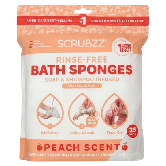 Scrubzz Rinse Free Bath Sponge, No Rinse Bath Wipes, Peach - 25 Count - 1 Pack