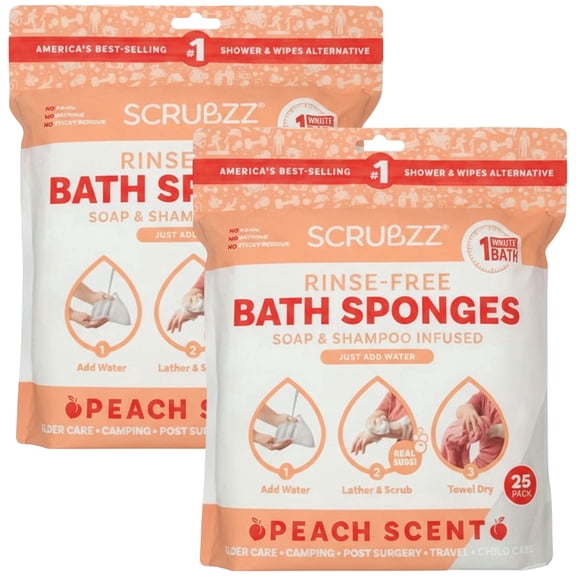 Scrubzz Rinse Free Bath Sponge, No Rinse Bath Wipes, Peach - 50 Count - 2 Pack