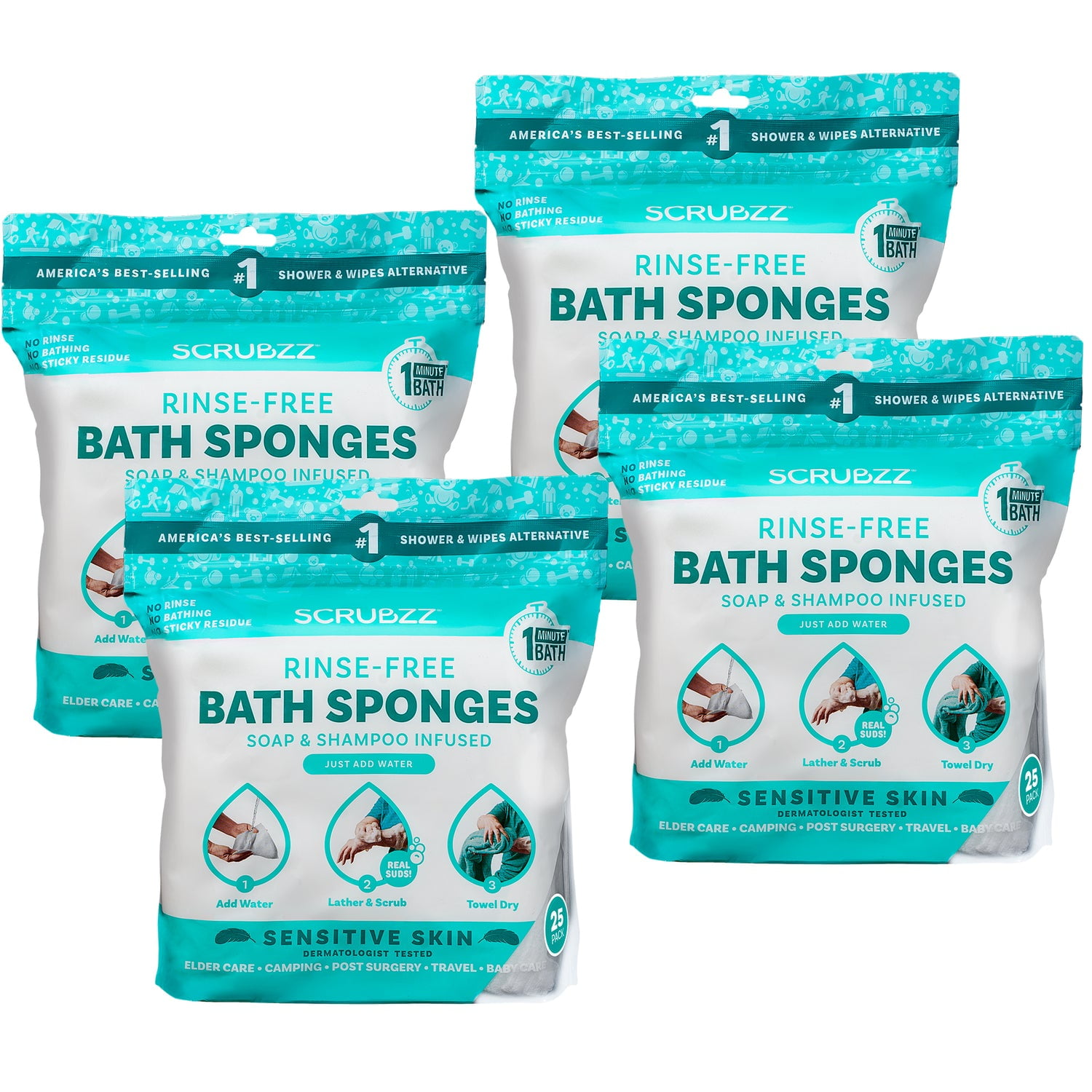 Scrubzz Rinse Free Bath Sponge, No Rinse Bath Wipes, Sensitive Skin