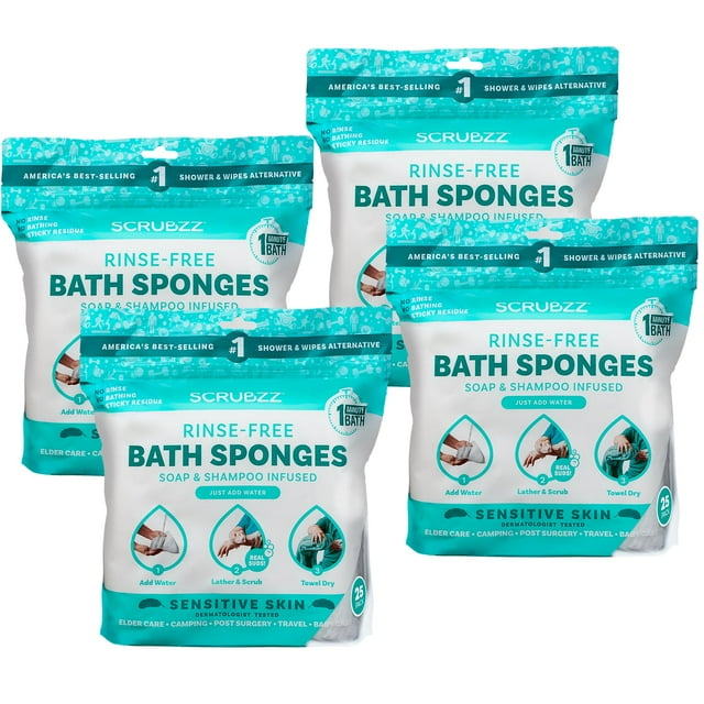 Scrubzz Rinse Free Bath Sponge, No Rinse Bath Wipes, Sensitive Skin