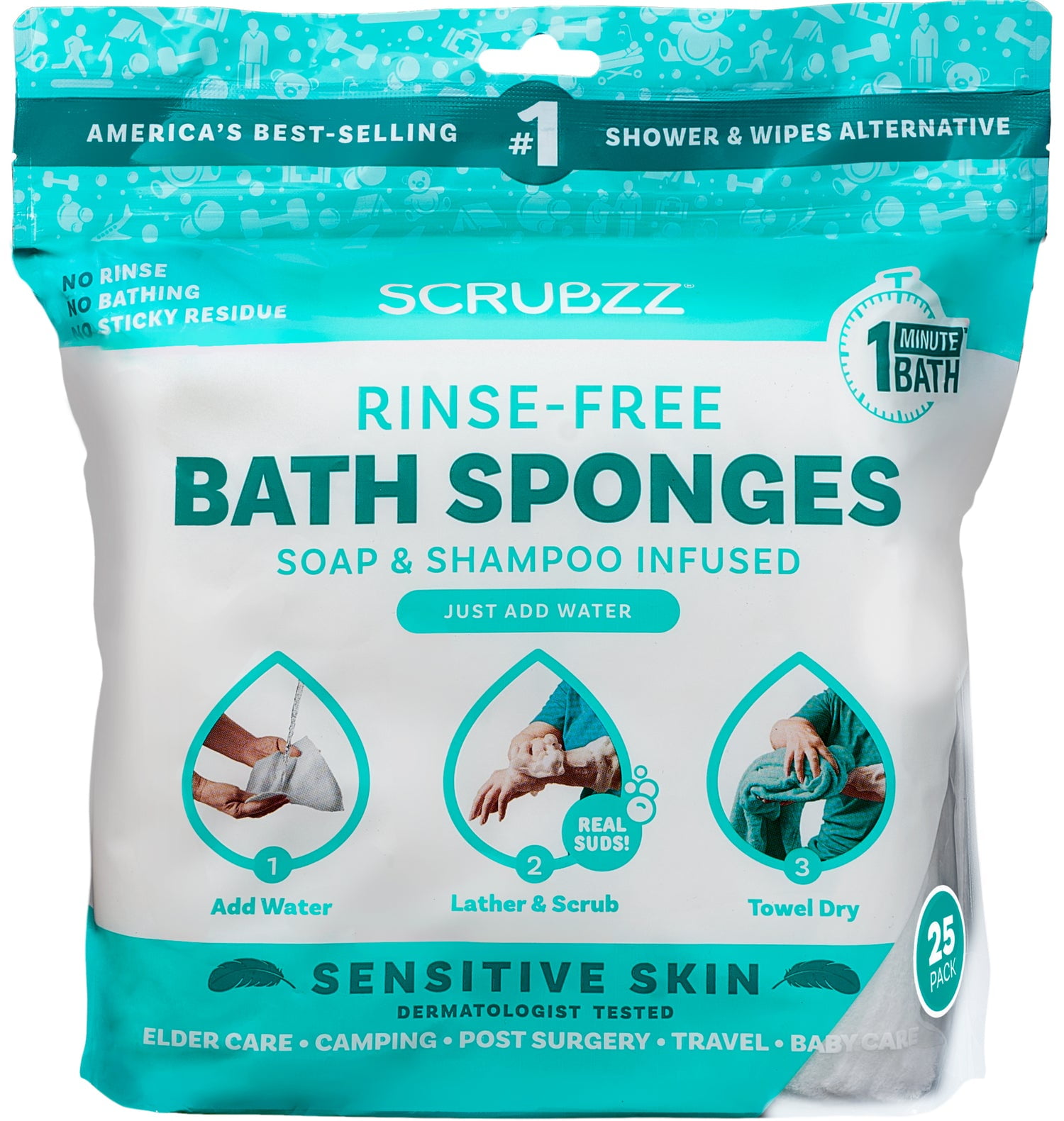 Scrubzz Rinse Free Bath Sponge, No Rinse Bath Wipes, Sensitive Skin