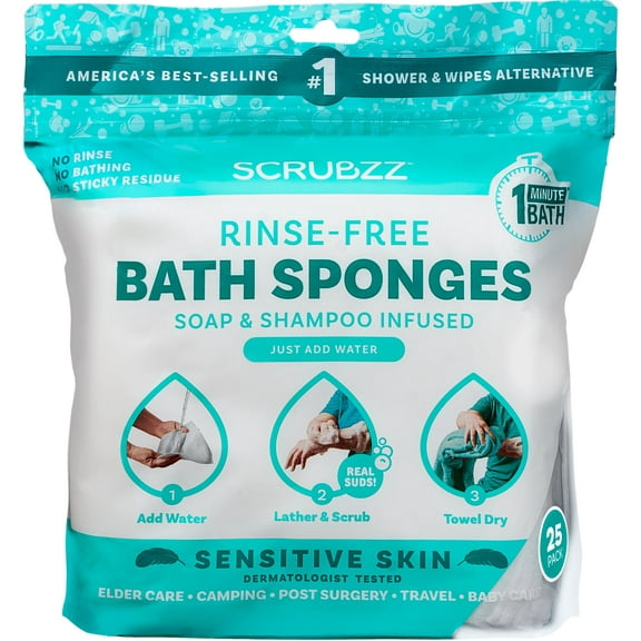Scrubzz Bath Sponge, No Rinse Bath Wipes, Sensitive Skin 25 Count