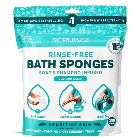 Scrubzz Bath Sponge, No Rinse Bath Wipes, Sensitive Skin 25 Count