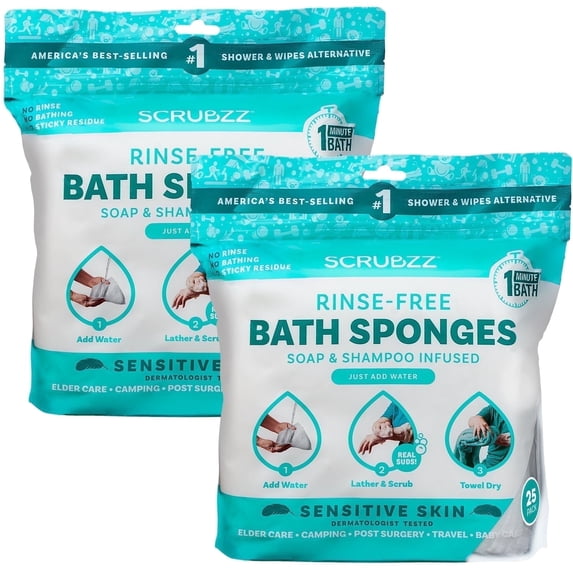 Scrubzz Rinse Free Bath Sponge, No Rinse Bath Wipes, Sensitive Skin - 50 Count - 2 Pack