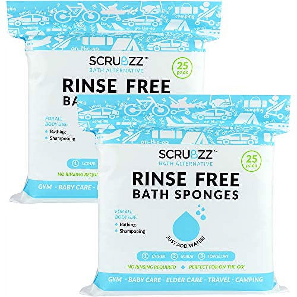 Scrubzz Rinse Free Bath Sponge, No Rinse Bathing Wipes, Unscented 50 Count 2 Pack