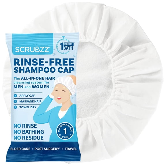 Scrubzz Rinse Free Shampoo Caps, Shampoo Caps for Bedridden Patients, Hair Washing Shower Caps for Elderly, Waterless Microwavable Hospital Caps No Rinsing Required - 1 Pack
