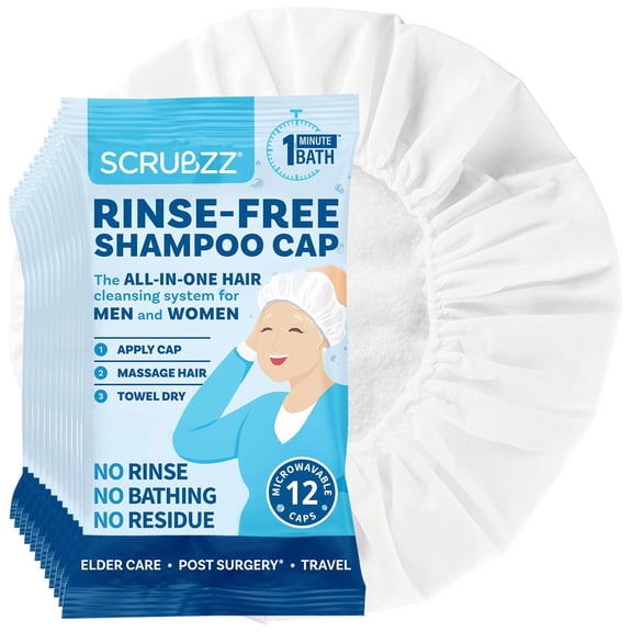 Scrubzz Rinse Free Shampoo Caps, Shampoo Caps for Bedridden Patients, Hair Washing Shower Caps for Elderly, Waterless Microwavable Hospital Caps No Rinsing Required - 12 Pack