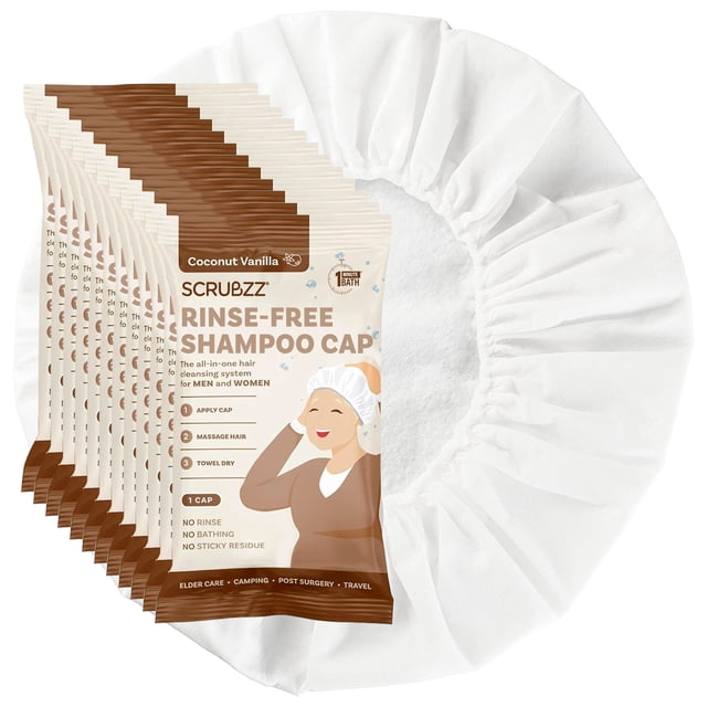 Scrubzz Rinse Free Shampoo Caps, Shampoo Caps for Bedridden Patients, Hair Washing Shower Caps for Elderly, Waterless Microwavable Hospital Caps No Rinsing Required - Coconut Vanilla - 12 Pack
