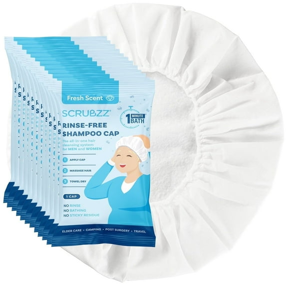 Scrubzz Rinse Free Shampoo Caps, Shampoo Caps for Bedridden Patients, Hair Washing Shower Caps for Elderly, Waterless Microwavable Hospital Caps No Rinsing Required - 12 Pack