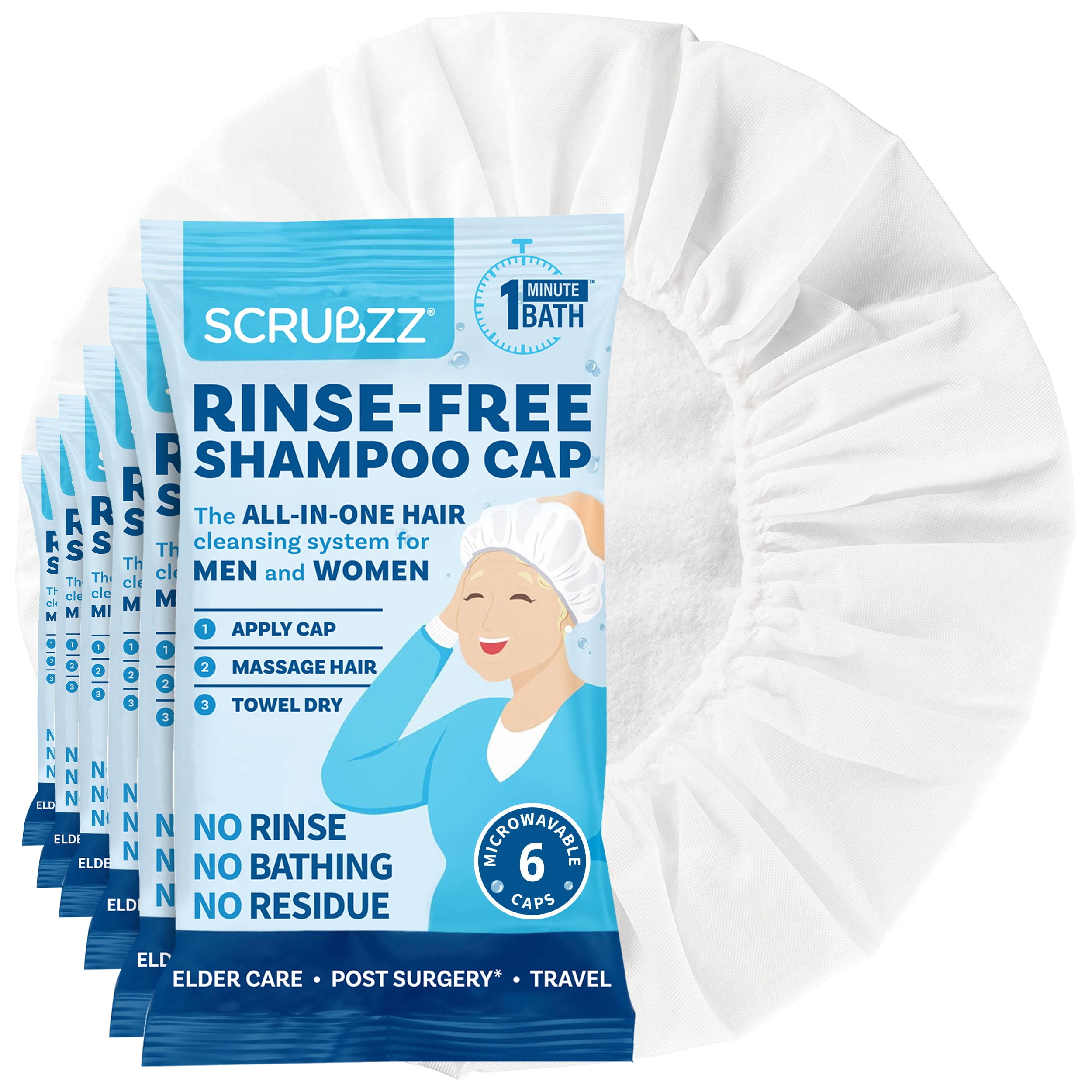 Scrubzz Rinse Free Shampoo Caps, Shampoo Caps for Bedridden Patients, Hair Washing Shower Caps for Elderly, Waterless Microwavable Hospital Caps No Rinsing Required - 6 Pack