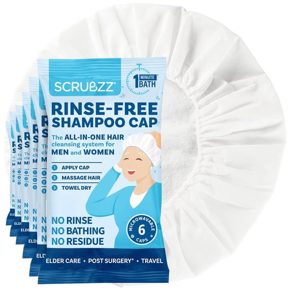 Scrubzz Rinse Free Shampoo Caps, Shampoo Caps for Bedridden Patients, Hair Washing Shower Caps for Elderly, Waterless Microwavable Hospital Caps No Rinsing Required - 6 Pack