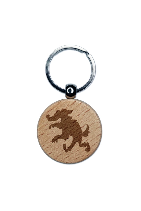 Scruffy Werewolf Dog Wolf Man Monster Halloween Round Keychain Charm Tag - Engraved Wood