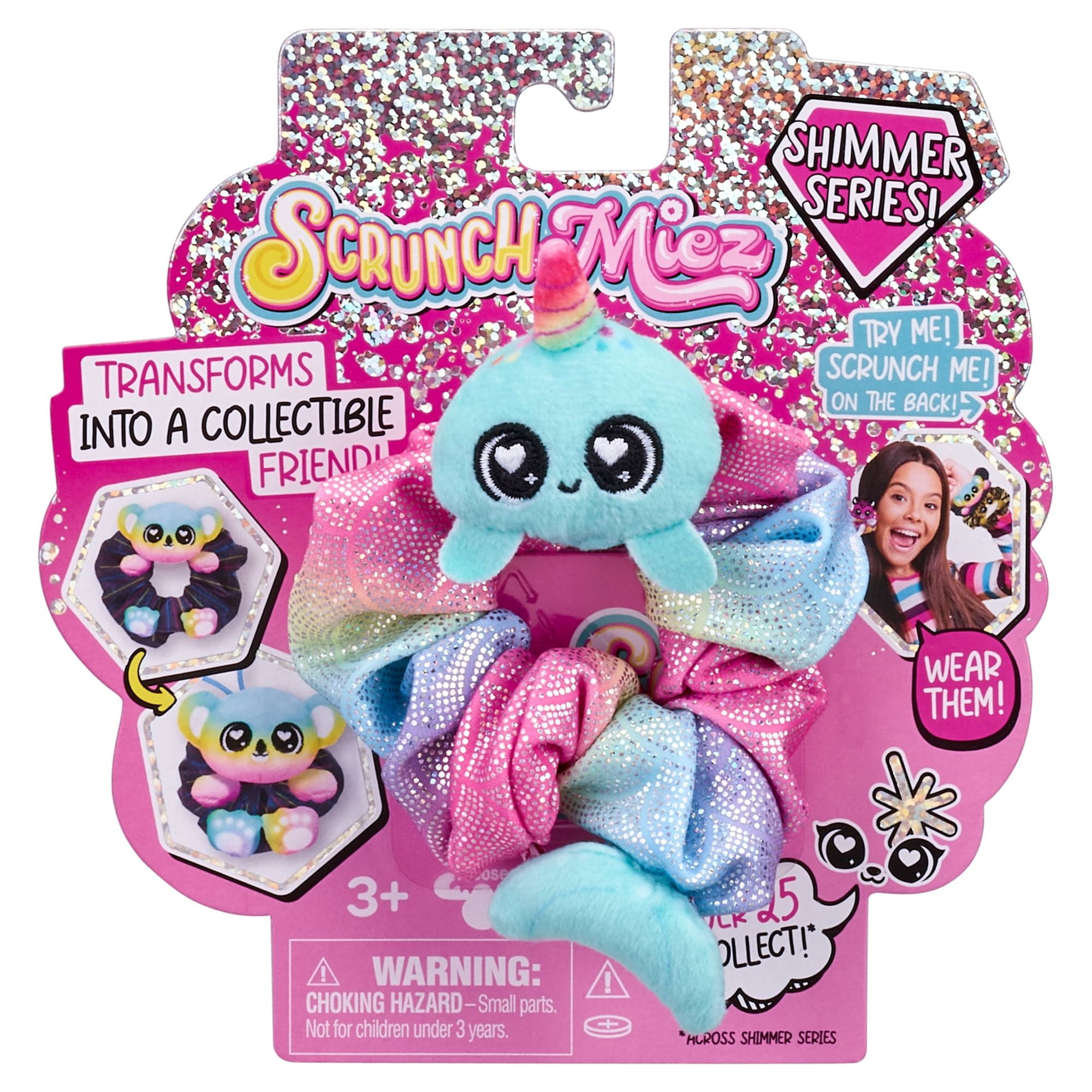 ScrunchMiez, Single Pack Shimmer Series - Transforms From Hair Scrunchie to Cute Plush Collectible Friend and Backpack Clip - Styles May Vary,  Girls, Toys for Kids, Ages 3+