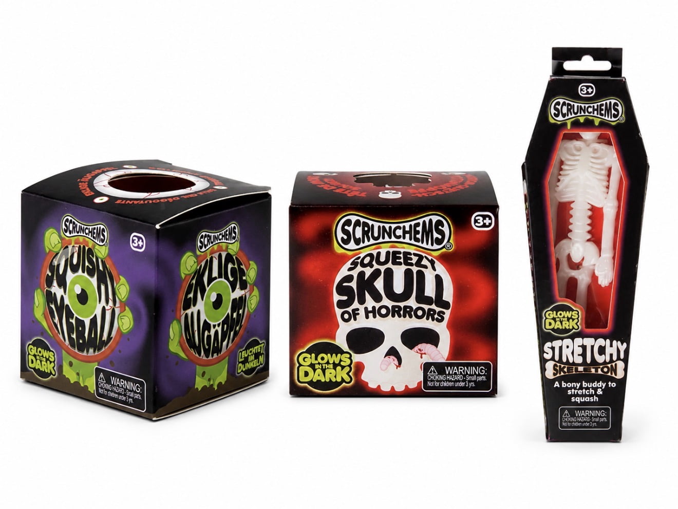 Scrunchems Squishy Halloween Glow in the Dark Eyeball, Skull, and Stretchy Skeleton 3 Piece
