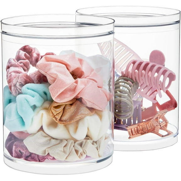 Scrunchie Holder | Stackable Clear Plastic Container (Set of 2) Round Vanity Storage Organizers with Lids for Hair Accessories & Beauty Supplies