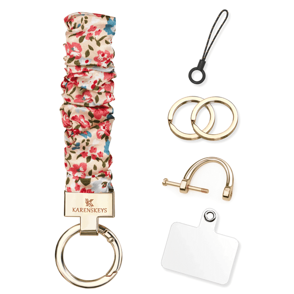 Scrunchie Keychain Wristlet, Key Chain for Car Keys with D Ring, Stretchy Phone Charms with Tether Tab for Women.