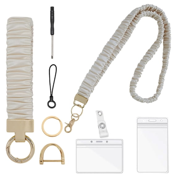Scrunchie Lanyard with ID Holder, Adjustable Crossbody Lanyard Badge Holder, Wrist Lanyards for ID Badges, Stretchy Lanyards for Women, Retractable Lanyard Keychain Wristlet,White